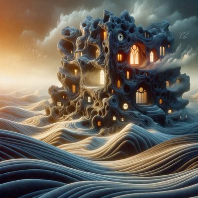 The primary subject of the image is a large, intricately designed house that appears to be made of stone or concrete. The house is situated on a beach, with the ocean visible in the background. The visual style of the image is digital art, as it is a detailed and intricate illustration of the house. The colors and mood of the image are predominantly dark and moody, with the house and the ocean creating a dramatic and mysterious atmosphere.